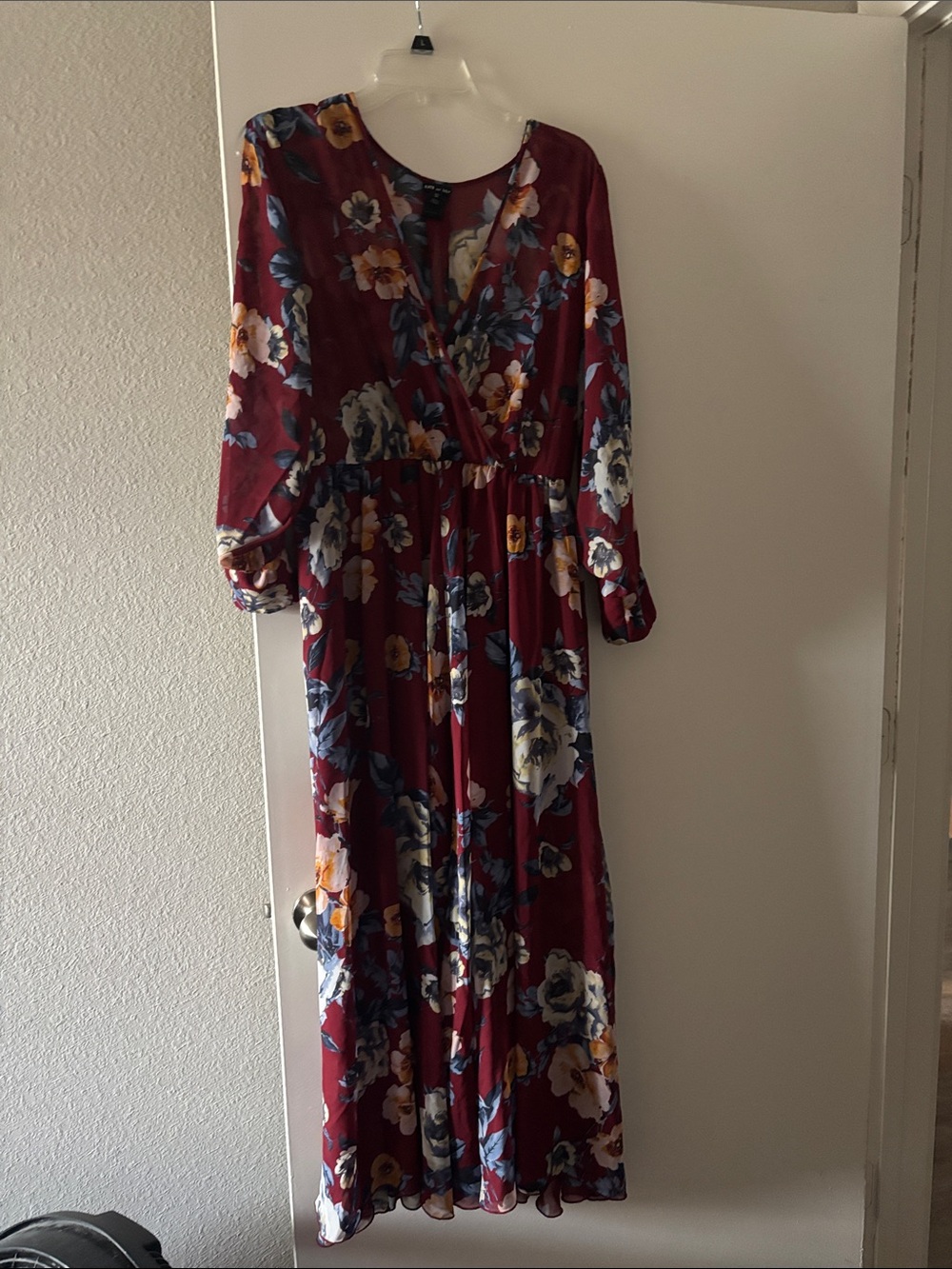 Burgundy Floral Wrap Maxi Dress with Long Sleeves